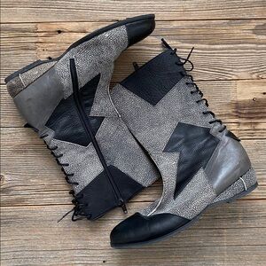 Black, Grey, and Pebbled Leather Patchwork Boots by Jan Jansen. 38.